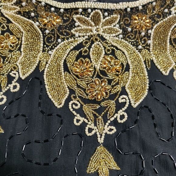 VTG Carolyne Barton Night pure silk Black Gold beaded 3/4 sleeve dress size M - Picture 10 of 10